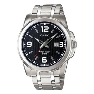 Reloj Pulsera Casio Mtp-1314d-7a Con Correa De Acero Inoxidable Color Plateado - Fondo Negro