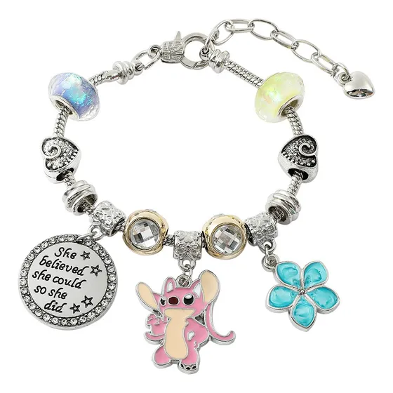 Pulsera Plata Para Stitch Dije Ajustable Joyeria Mujer Kawai Color Rosa