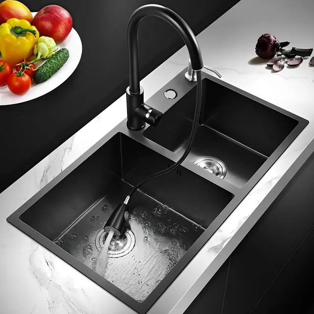 Fregadero De Cocina Tarja Doble Acero Inoxidable Organizador Bokoptyr 80*45*22cm Aplicación De Múltiples Escenarios negro Oscuro Resistente Al Aceite Y La Suciedad