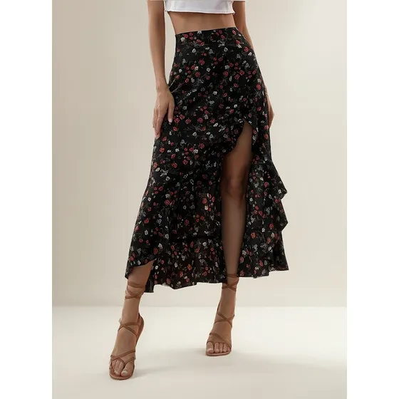 Dama Falda Negra Maxi Largas Mujer Flores Impresión Casual