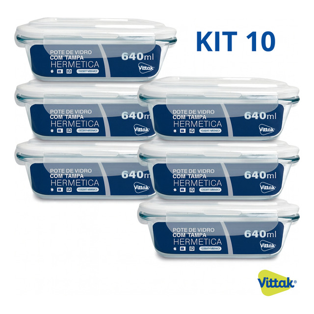 Vittak Kit 10 Potes Vidro Hermético Com 4 Travas Marmita Microondas Freezer Transparente 6...