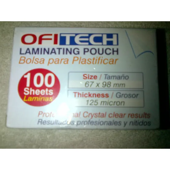 Laminas  Plastificar Cedulas-carnets 67x98  100 Laminas 125m