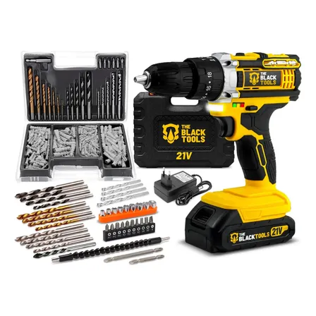 Parafusadeira E Furadeira Impacto The Black Tools Tb-21pw 3/8 Com Kit Acessórios Brocas E Buchas 300 Peças Preto E Amarelo 127/220v 50/60hz