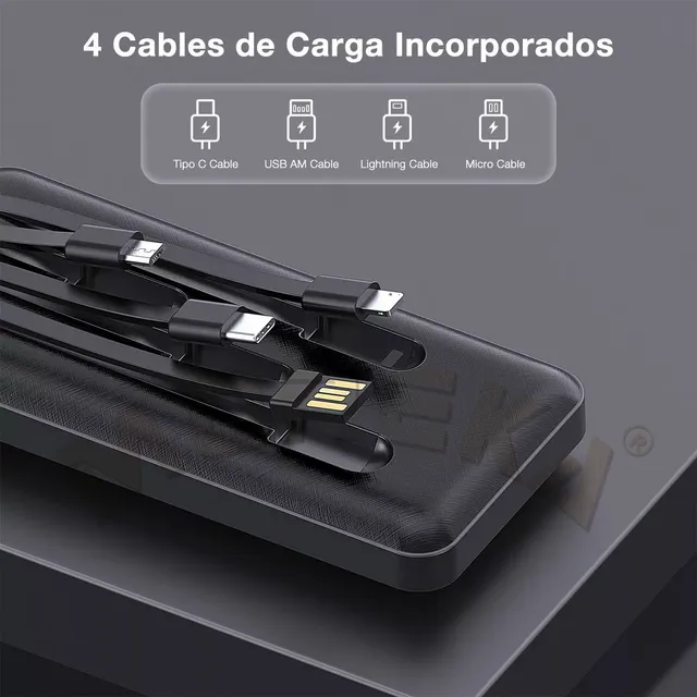 Power Bank Batería Portátil Carga Rápida 10000mah 4 Cables Color Blanco
