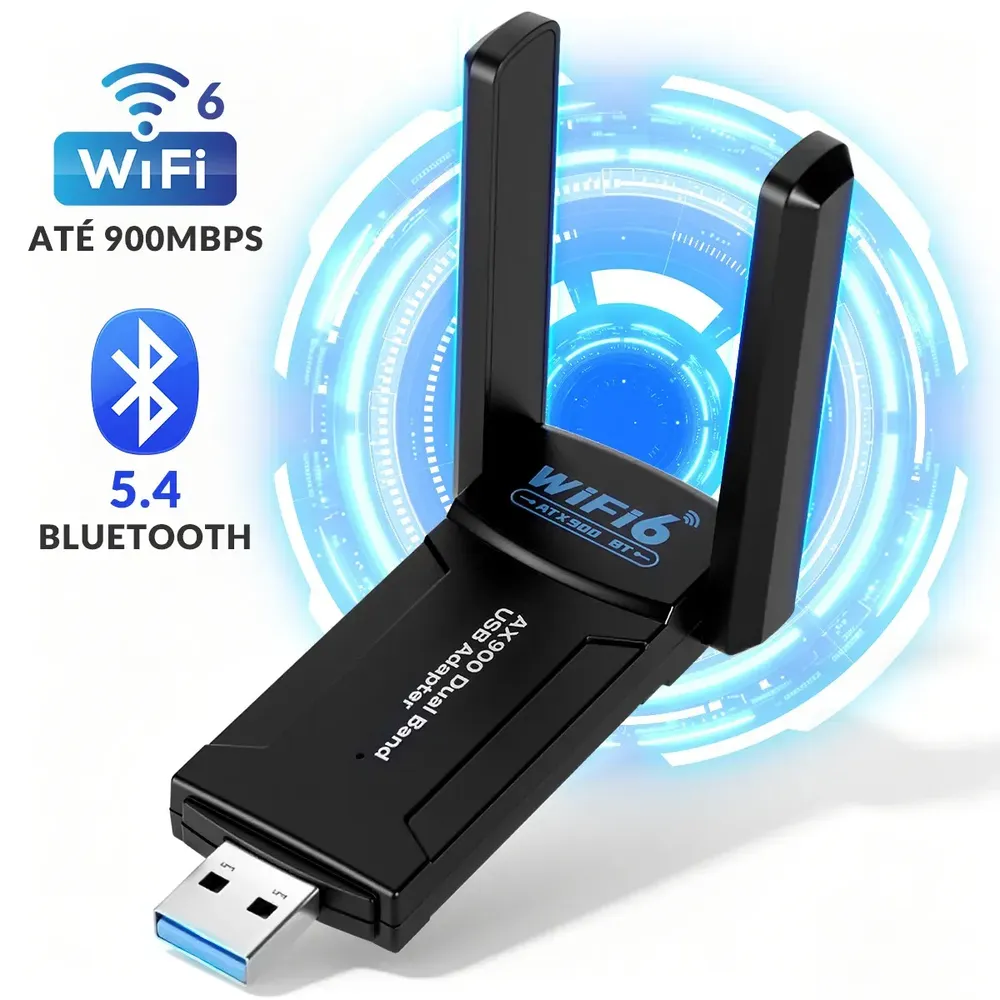 Adaptador Wifi USB 3.0 WiFi 6 AX900 900Mbps Dual Band Placa De Rede Wireless Sem Fio 2.4GHz 5GHz Bluetooth 5.4 Para PC Notebook Windows 10/11 Antena Wifi Externa Alta Velocidade FORESTORY