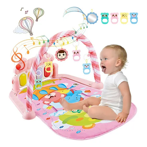 Lictin Gimnasio Acolchado Tapete Bebe Alfombra Infantil Con Pianoy Música,tapete De Juego Para Bebés De 0-6 Meses,cojín Más Grueso, Más Suave Y Cómodo,tapete De Juego Con 5 Juguetes Acoplables,rosa