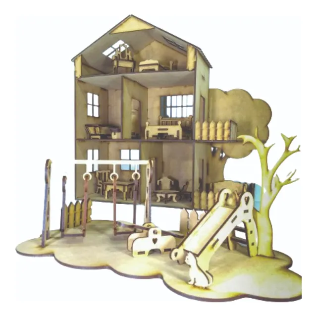 Casita Arbol Fibrofacil Mdf + 20 Muebles + Placita
