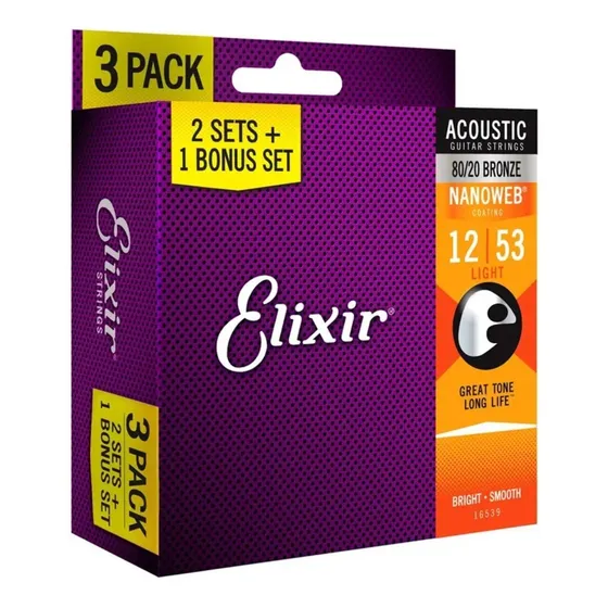 Pack 3 Encordoamentos Violão Elixir 012 Light Bronze 80/20