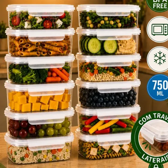 Kit 12 Potes Plásticos 750ml Para Alimentos Hermético Freezer Microondas Marmita Sem Bpa Organizador Com Tampa E Travas Peculiari
