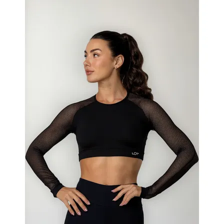 Top Academia Preto Feminino Cropped Suplex Com Manga De Tela