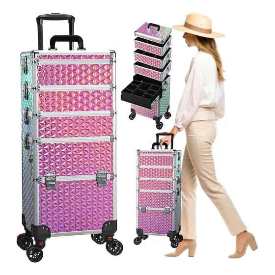 Neceser De 5 Niveles Profesional Con Llantas Desmontable Caja De Luz Led Con Espejo Y Palanca, Caja De Maquillaje Para Maquilladores, Arte De Uñas Y Caja De Herramientas De Bordado | Meses sin interés