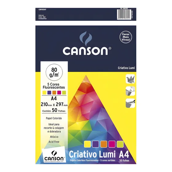 Papel Criativo Colorido Fluorescente A4 Canson 50 Folhas