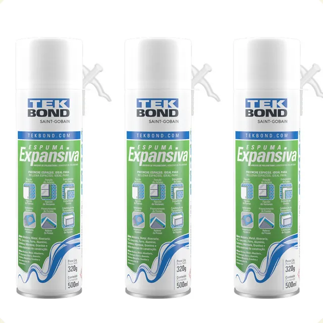 Espuma Expansiva Kit 3 Poliuretano 500ml Uso Geral Tekbond