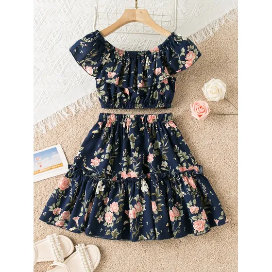 Shein Niñas Falda Con Top Con Estampado Floral Ribete Con Fr