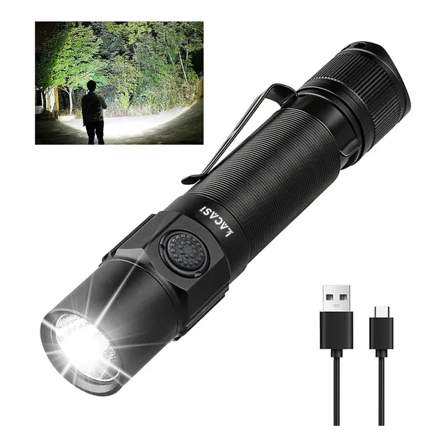 Lacasi T10R linternas LED recargables de 1800lm, Lámpara Táctica Militar Potente IP68 Impermeable con 5 Modos para camping, emergencia Y rescate color negro