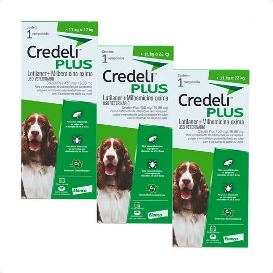 3 Credeli Plus Elanco Para Cães De 11 A 22 Kg - 1 Comprimido