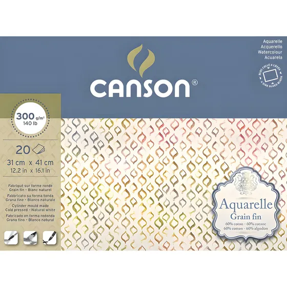 Bloque de papel para acuarela Canson de grano fino, 300 g, 31 x 41 cm