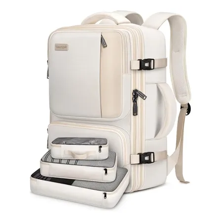 Mochila Viagem Feminina 45L Mochila Itens Pessoais Expansível Impermeável Com 3 Bolsa Organizadores, Grande capacidade Mochila Antifurto Unissex Para Viagem, Trabalho, Vancropak 1409 Bege Liso