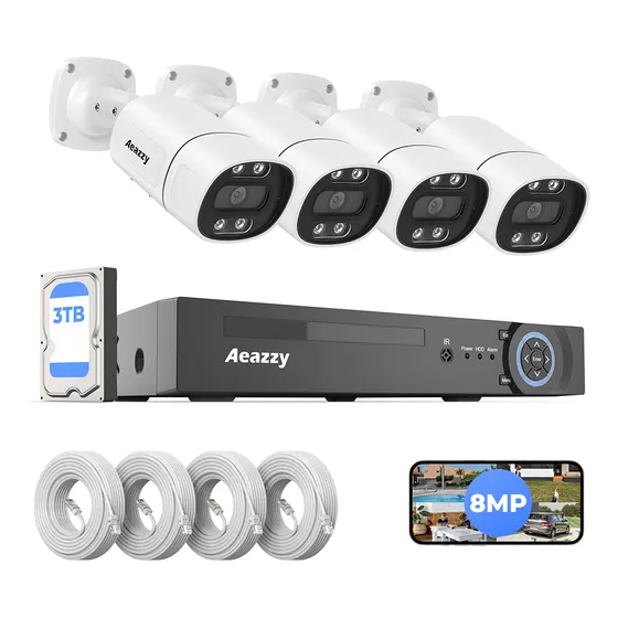 Poe 8mp Kit 4 Cámaras De Vigilancia 4k Con Audio Metal 3tb