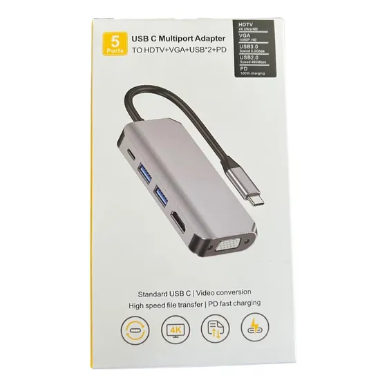 Hub Adaptador 5 En 1 Multipuestos Tipo C Hdmi + Vga + Usb+pd