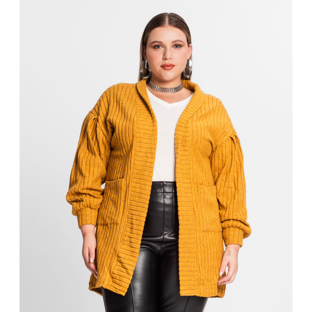 Cardigan Plus Size Em Canelado Tricot Secret Glam Amarelo Cardigan Plus Size Em Canelado Tricot Secret Glam Amarelo