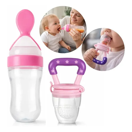 Kit Mamadeira Colher Dosadora + Chupeta Alimentadora Bebê Rosa