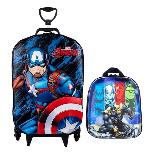Mochila Capitão America 3d De Rodinhas Lancheira Azul