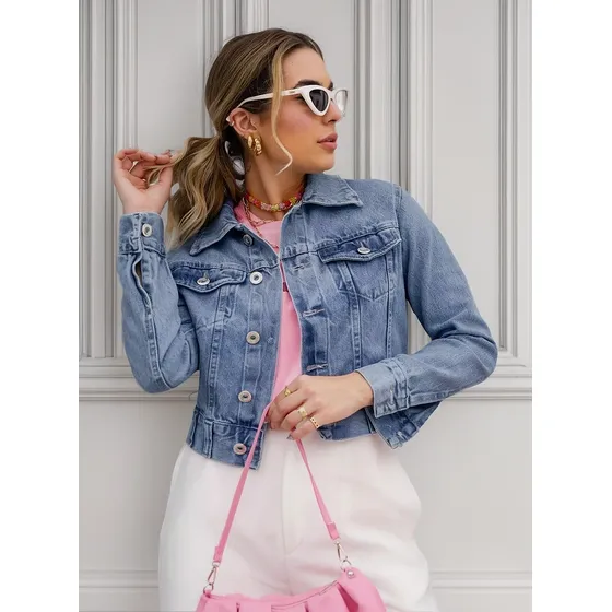 Jaqueta Feminina Botao Prateado Barra Larga Tendência E Moda