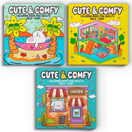 Kit Com 3 Livros de Colorir para Adulto Coleção Cute & Comfy Bold Easy em Inglês Capa Mole Editora Camelot