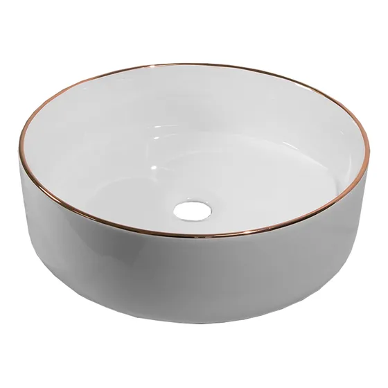 Lavabo Redondo Cerámico De Lujo Con Bordes Dorados Baño