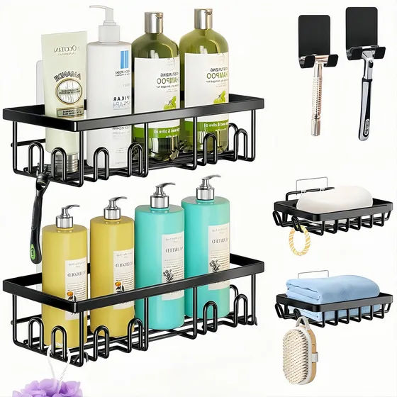Set De 6 Estante Organizador Regadera De Baño Con Adhesivos Acero Inoxidable Color Negro