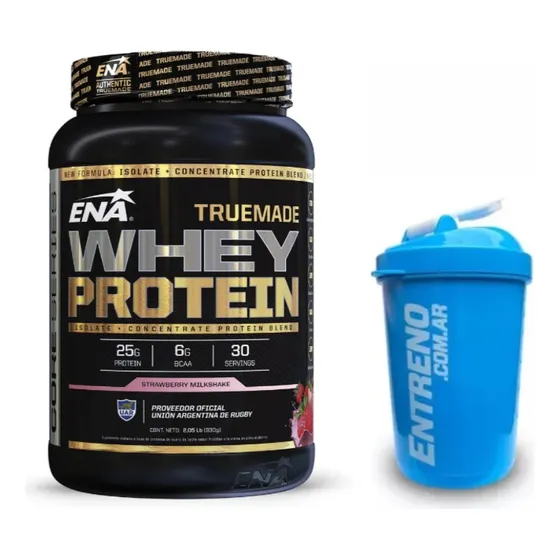 Ena Whey Protein Truemade 2 Lbs Sabor Frutilla + Shaker Vaso Batidor 600ml - Crecimiento Muscular Recuperacion Proteina Aislada + Concentrada