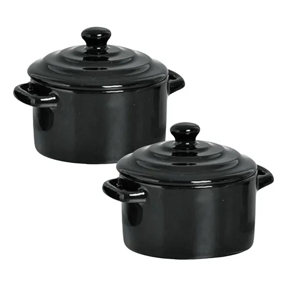 Kit 2 Mini Caçarola Panelinha Molheira Pote Cerâmica Preta Cor Preto