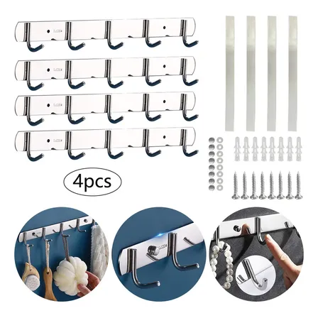 Kit 4 Cabideiros De Parede Erufale Inox 304 5 Ganchos 36cm Prateado