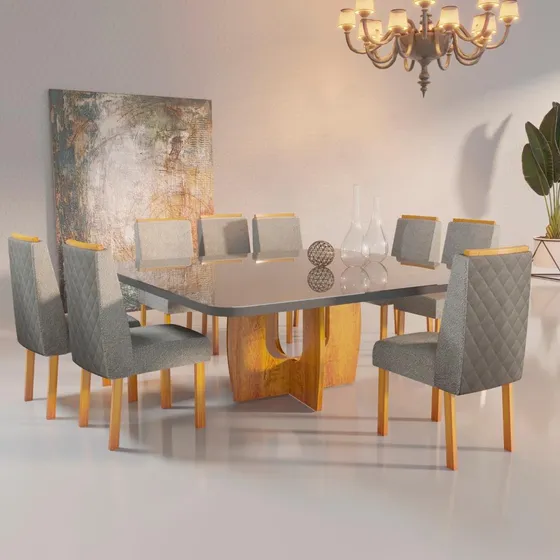 Sala De Jantar 135x135 Stella Mdf/vidro 8 Cadeiras Bompastor