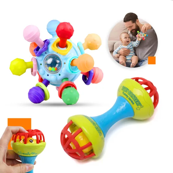 Kit Chocalho Mordedor Infantil Macio + Bola Bebe Sensorial