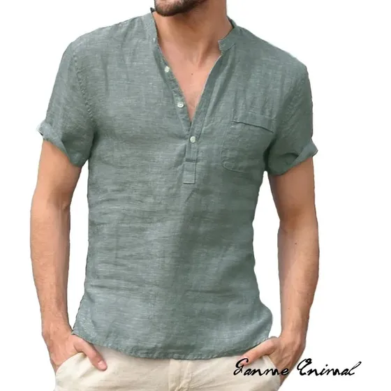 Camisa Algodon Lino Hombre Verano Cuello Bajo