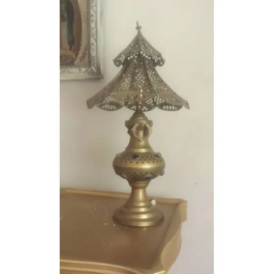 Lampara De Mesa De Noche Indu De Bronce Usada.