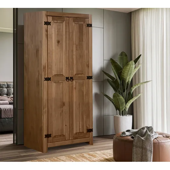 Armario Ropero 2 Puertas Madera Maciza Multiuso Estantes Color Marrón