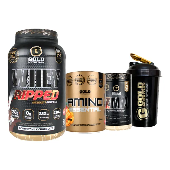 Combo Tonificador Gold Nutrition Whey Ripped Amino Zma Vaso