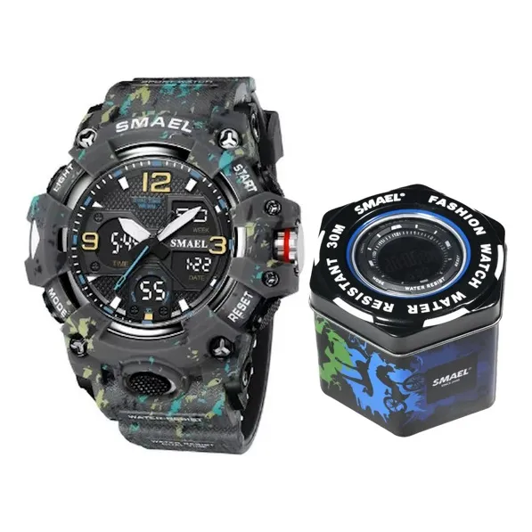 Reloj Deportivo Smael 8008 Gris Camuflaje 50 M Hora Doble
