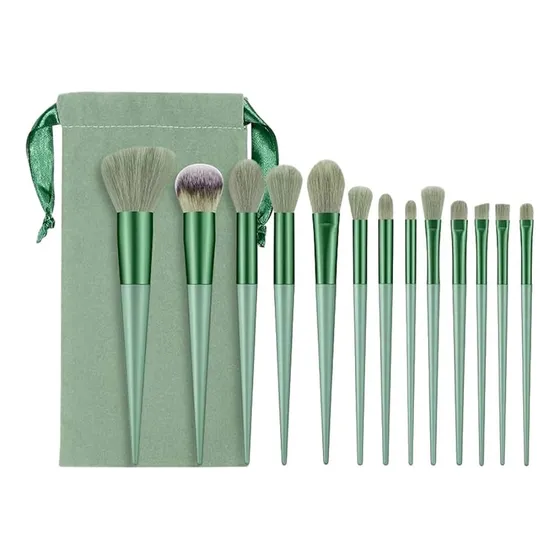 Set 13 Brochas Kabuki Con Funda Maquillaje Makeup Importado Verde