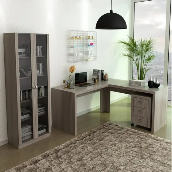 Mesa Em L Com Gaveteiro E Armário Com 2 Portas De Vidro Wt