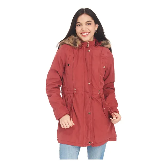 Chamarra Larga Twill Con Gorro Peluche Y Jaretas Mujer