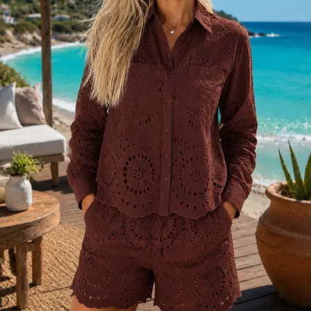 Conjunto Laise Algodão Camisa E Shorts Elegante Chique Verão Marrom