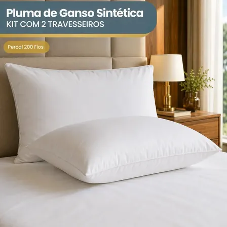 Kit 2 Travesseiro De Pluma De Ganso Sintética Super Macio Premium Antialérgico Conforto Extra Hotel Luxo - Cor Branco