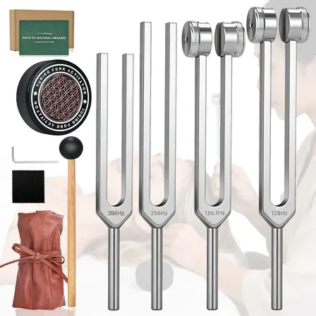 Kit Diapasão Terapêutico Frequências 128 256 512 528Hz Para Meditação Relaxamento Com Ativador e Martelo de Borracha E Bolsa