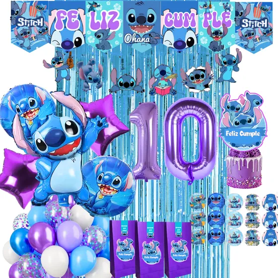 Combo Globos Stitch Bolsita Banderin Stickers Topper Guirnal