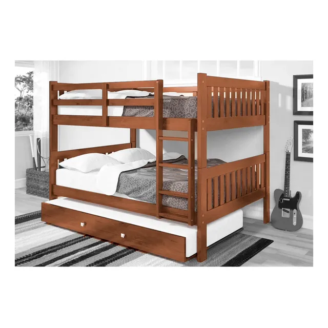 Mueble Litera Tundle Nogal 3 Camas De Pino Maciza Infantil
