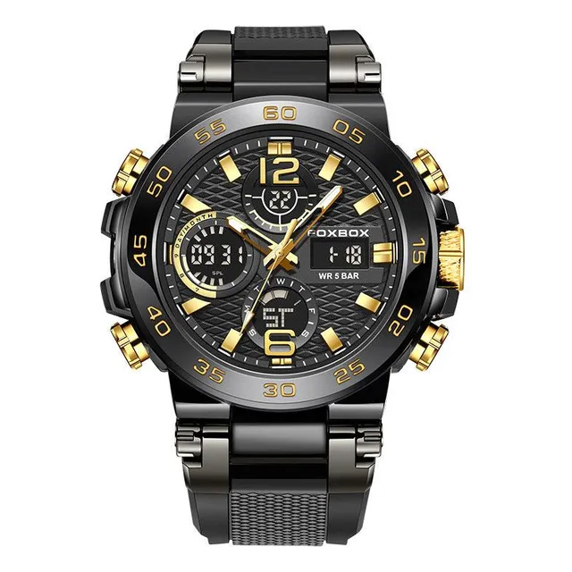 Reloj Foxbox Fb0034b Hombre Negro Dorado Silicona